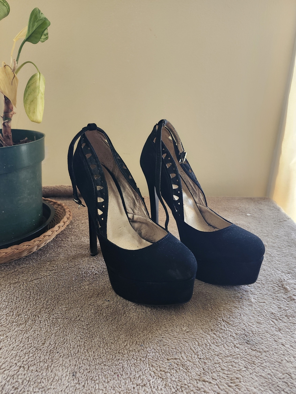 Black Platform High Heels with Cutout Detail - Women's Shoes
